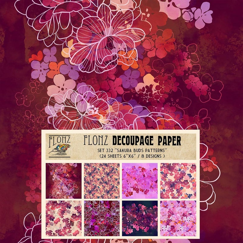Decoupage Paper Pack (24 Sheets 6"x6") Sakura Buds Pattern # Vintage Styled Pattern Paper for Decoupage, Craft and Scrapbooking